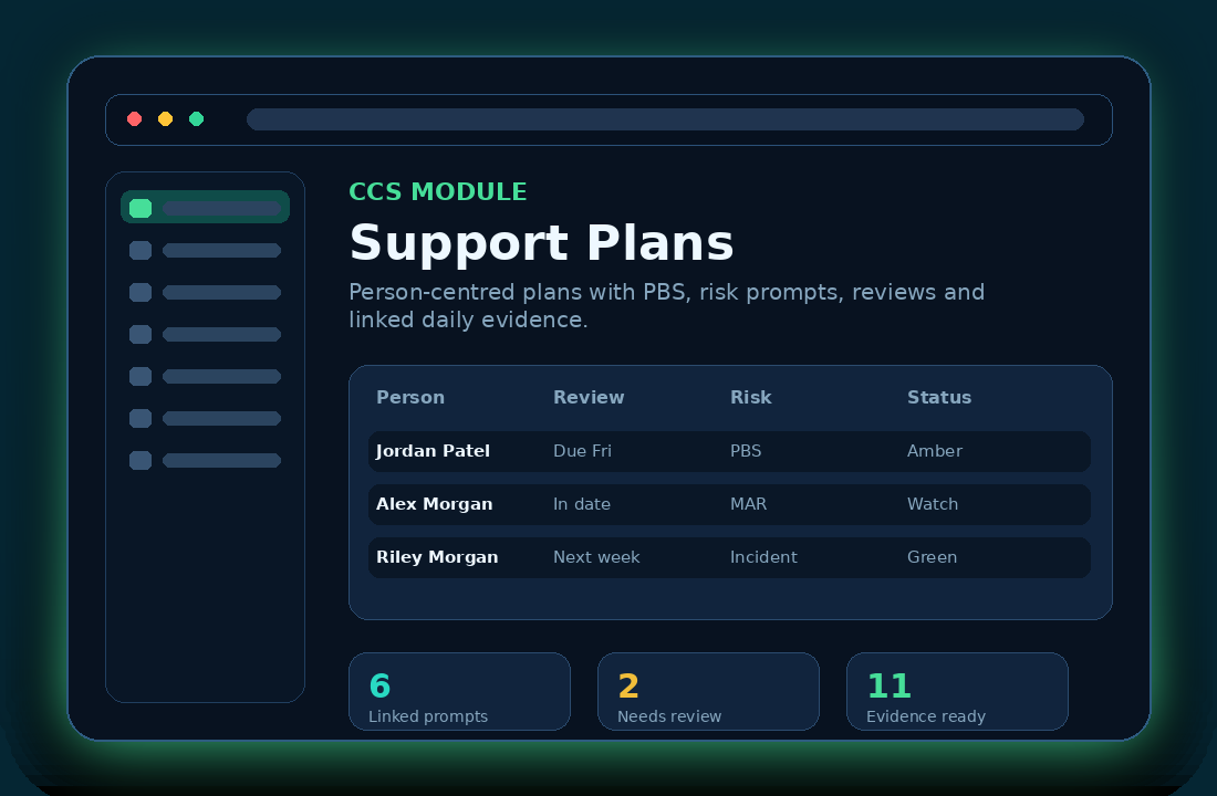 Support Plans module preview in Care Central System